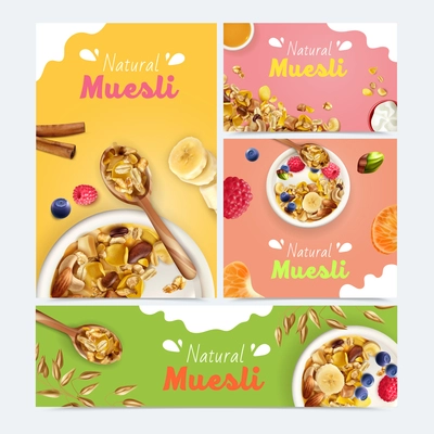 Realistic muesli set with banners of different size and orientation with food images and ornate text vector illustration