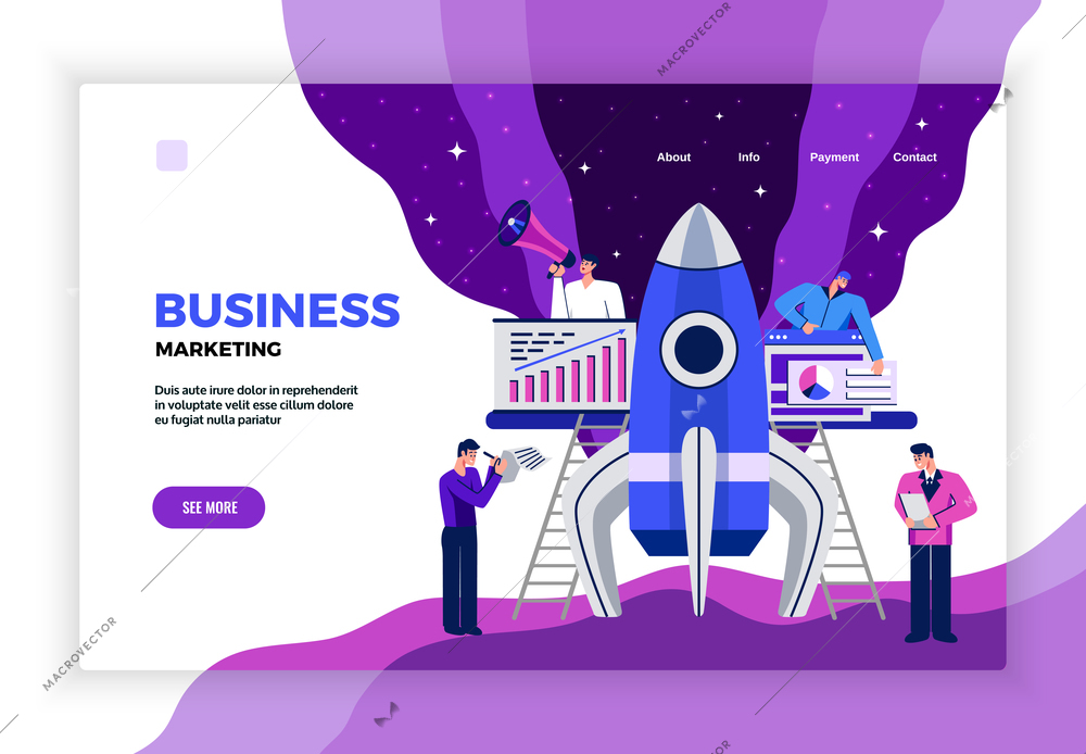 Flat concept banner with marketing specialists and rocket vector illustration