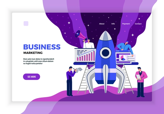 Flat concept banner with marketing specialists and rocket vector illustration