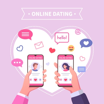 Virtual relationships online dating cartoon composition with text smartphones and heart shaped cloud of messaging icons vector illustration