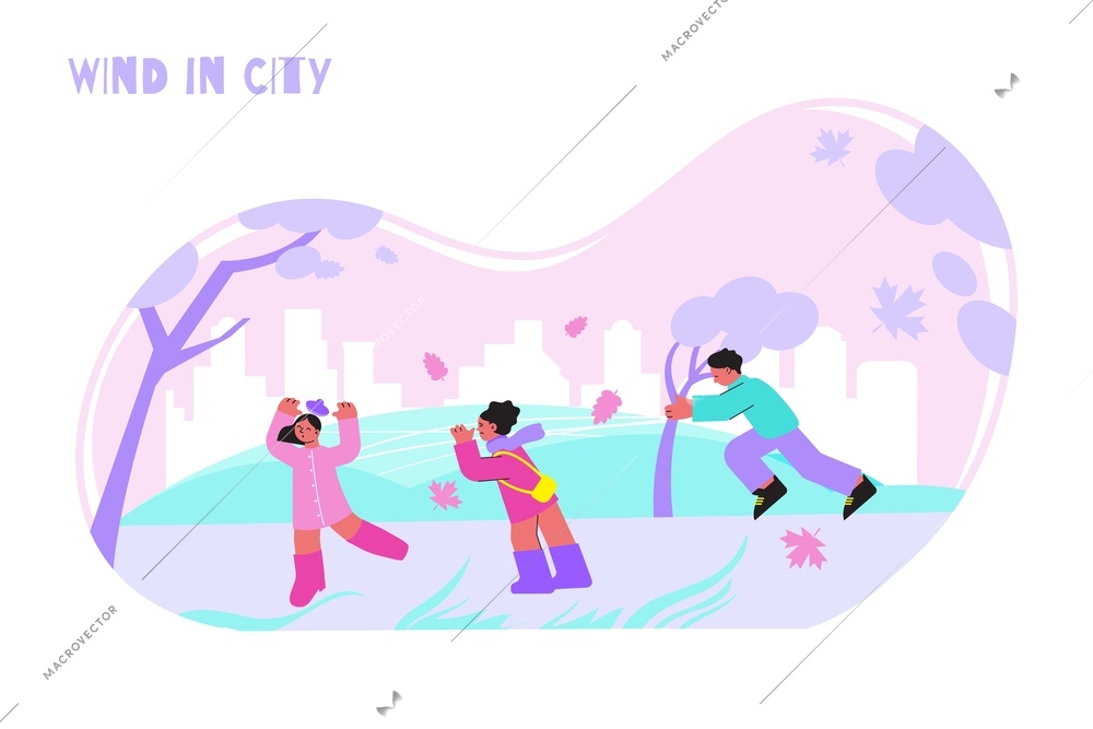 People walking in park in windy weather flat vector illustration