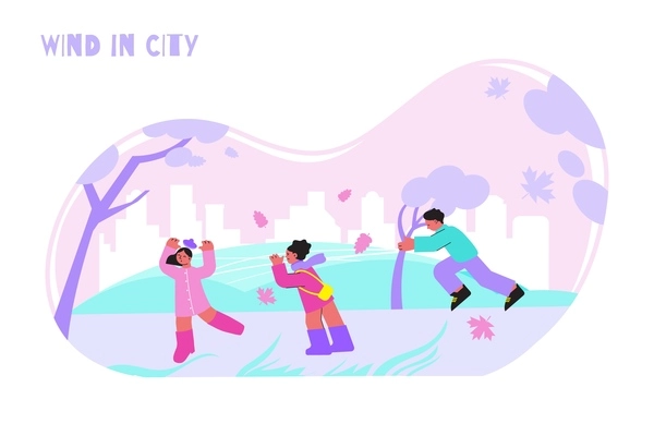 People walking in park in windy weather flat vector illustration