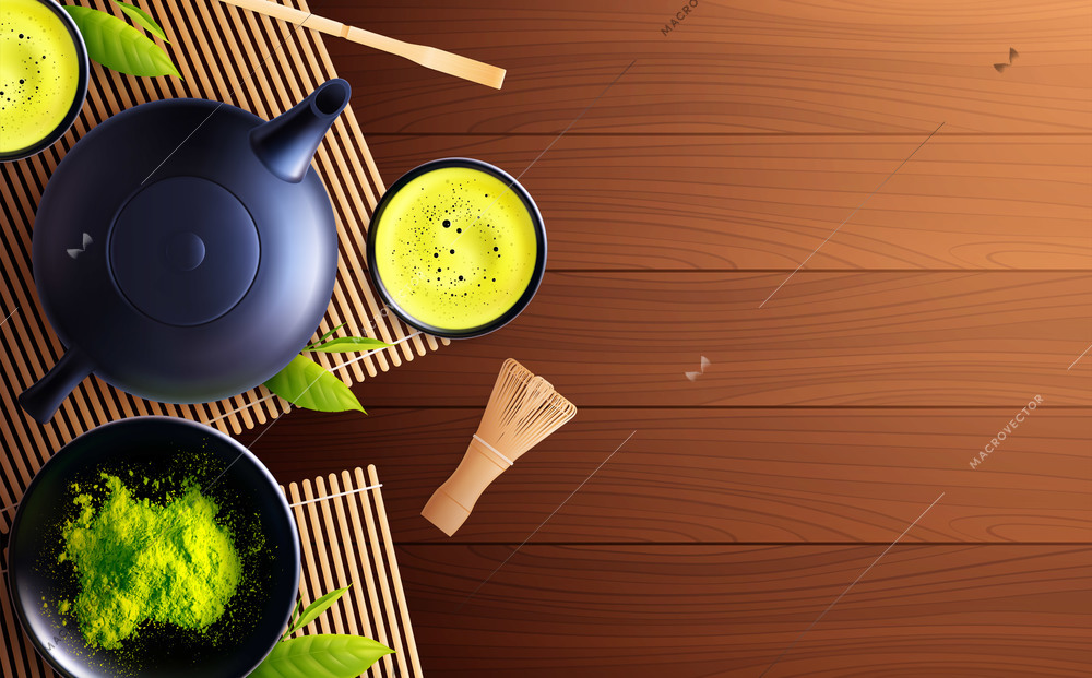 Matcha tea realistic composition with top view of wooden table with tea set cups and powder vector illustration