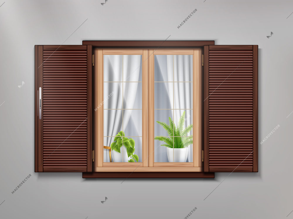 Brown wooden old window realistic composition with cozy atmosphere inside beautiful curtains and potted plants vector illustration
