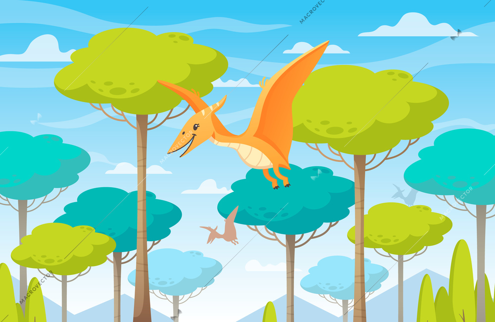 Dinosaurs cartoon composition with wild nature landscape background and flying dinosaurs among high trees with clouds vector illustration