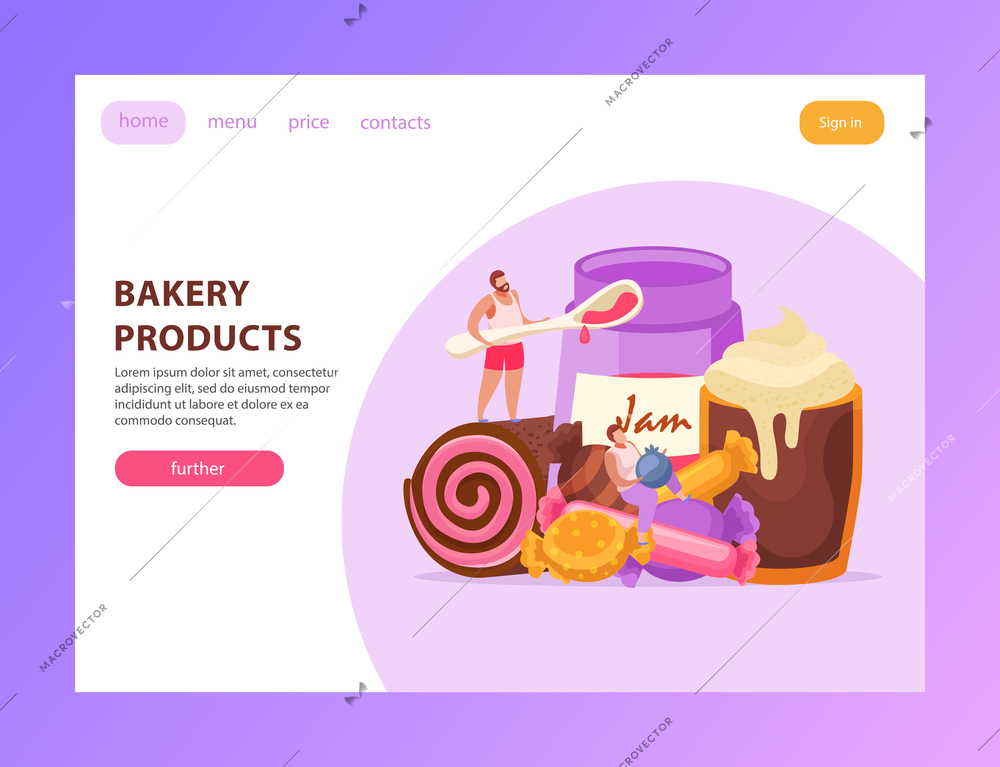 Sweets and people page design with bakery products symbols flat  vector illustration