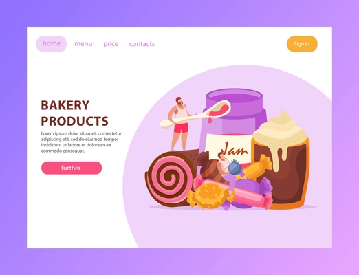 Sweets and people page design with bakery products symbols flat  vector illustration