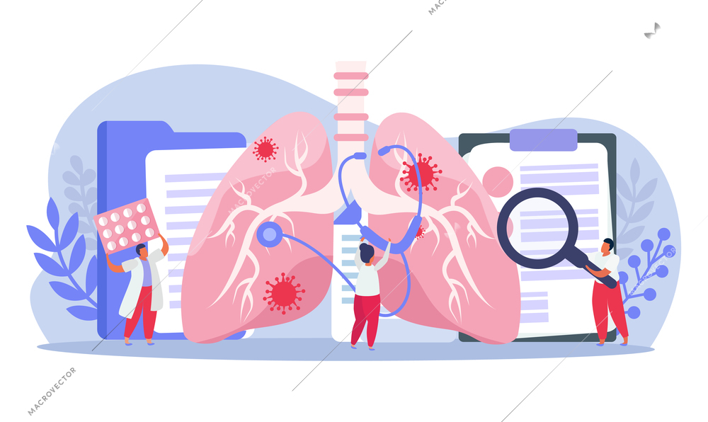 Pulmonologists doing lung inspection with stethoscope flat composition vector illustration
