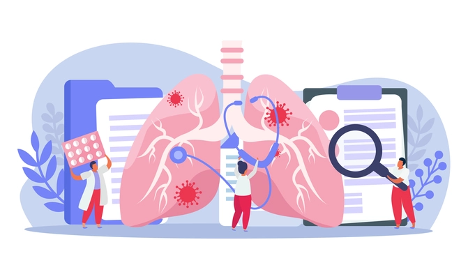 Pulmonologists doing lung inspection with stethoscope flat composition vector illustration