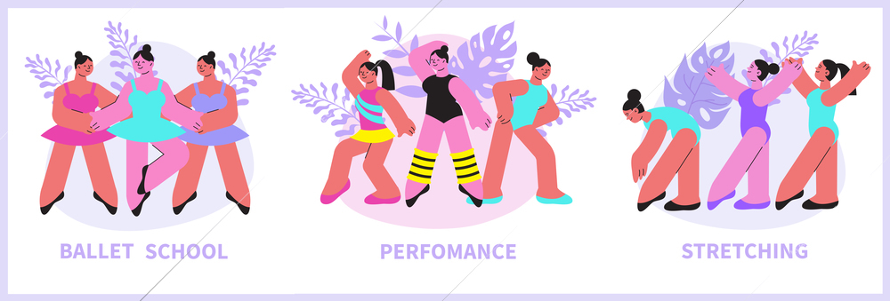 Dance school isolated compositions of ballet school performance and stretching  flat vector illustration