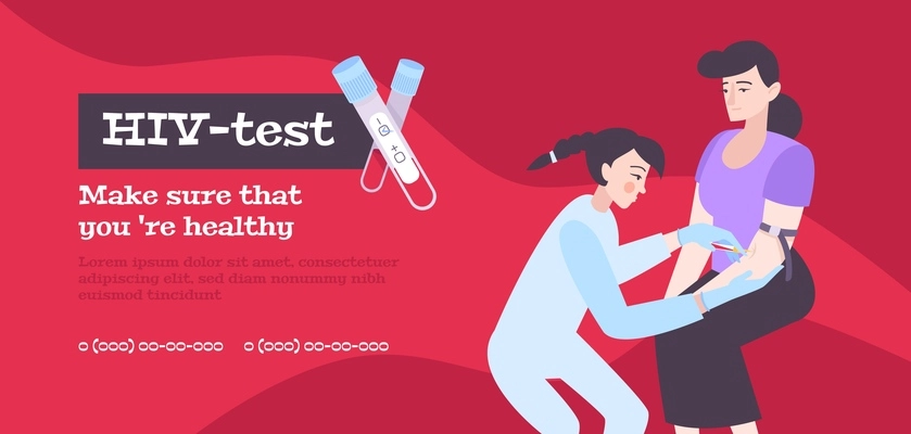 Hiv aids test banner flat composition with human characters test tubes and text with phone numbers vector illustration