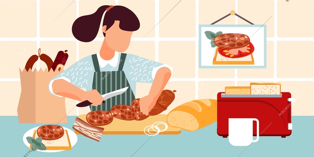 Sausage sandwich flat composition with view of kitchen with toast bread and woman cutting lunch meat vector illustration