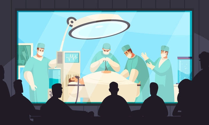 Life surgery big screen demonstration in darkened  room isometric composition with operating team patient audience vector illustration