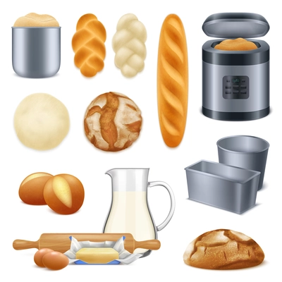 Bread machine kitchen appliance realistic set with eggs milk butter dough rolling pin baked loaf vector illustration