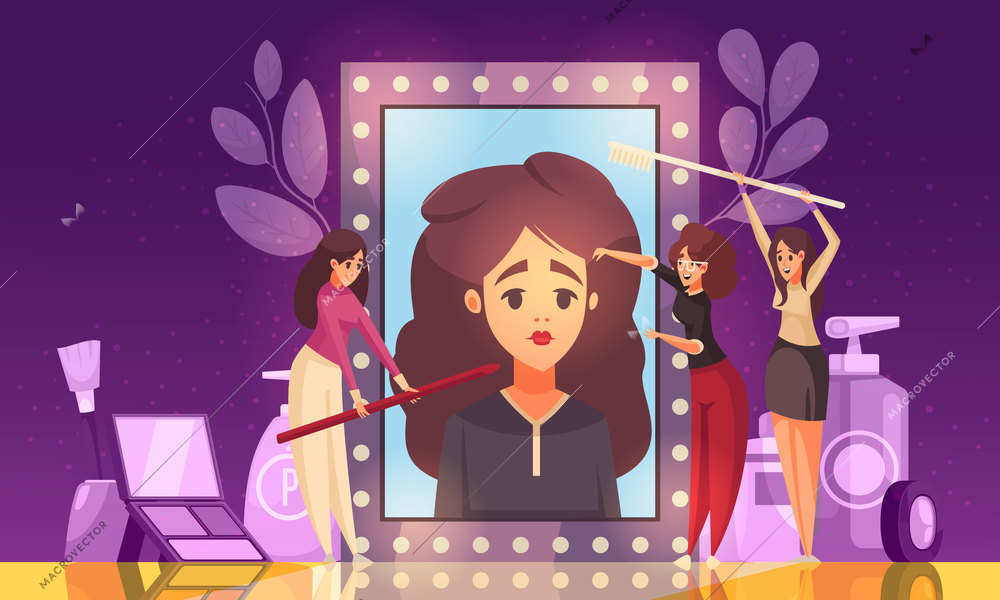 Makeup beautician stylist composition with doodle female characters with brushes and portrait of woman in mirror vector illustration