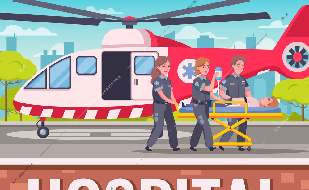 Paramedic emergency ambulance cartoon set with helipad scenery and helicopter with doctors team carting victim person vector illustration