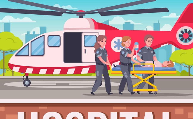 Paramedic emergency ambulance cartoon set with helipad scenery and helicopter with doctors team carting victim person vector illustration