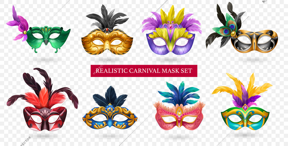 Realistic carnival mask transparent icon set with different colors styles with feathers sparkles and gemstones vector illustration