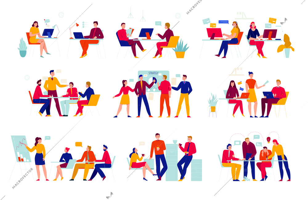 Office people icon set with situations at work meetings coffee breaks brainstorms talks and other vector illustration