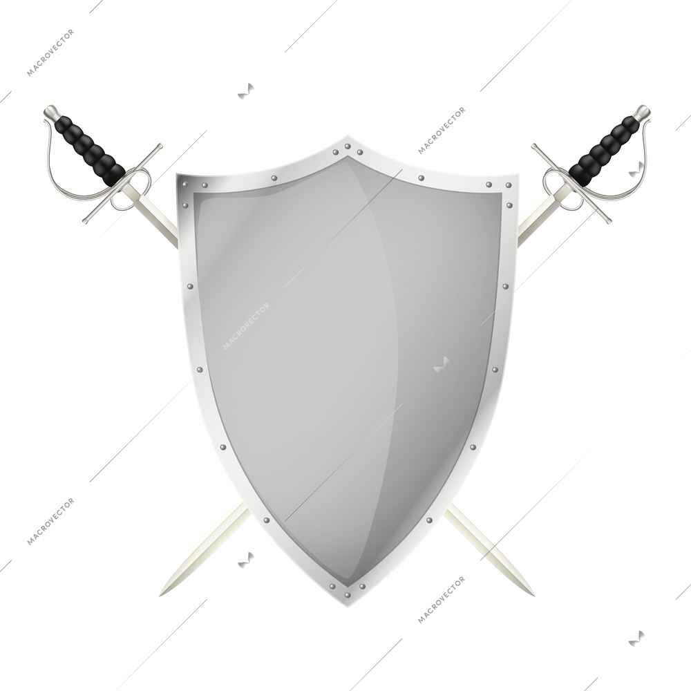 Two crossed swords behing blank shield steel metal personal armor realistic isolated image vector illustration