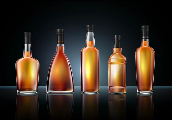 Brandy cognac whiskey glass bottles composition of realistic images various shapes on glossy surface with reflections vector illustration