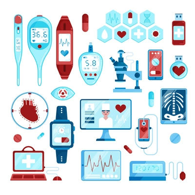 Flat digital medicine icon set with different monitors x rays blood tests and other tools vector illustration