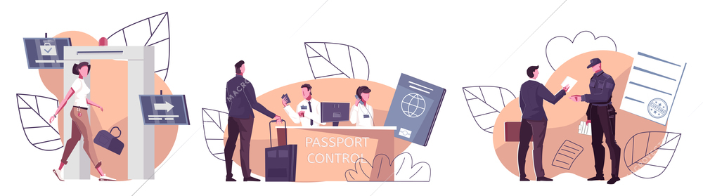 Customs control set with three flat compositions of passport control officers at desk passengers and checkpoint vector illustration