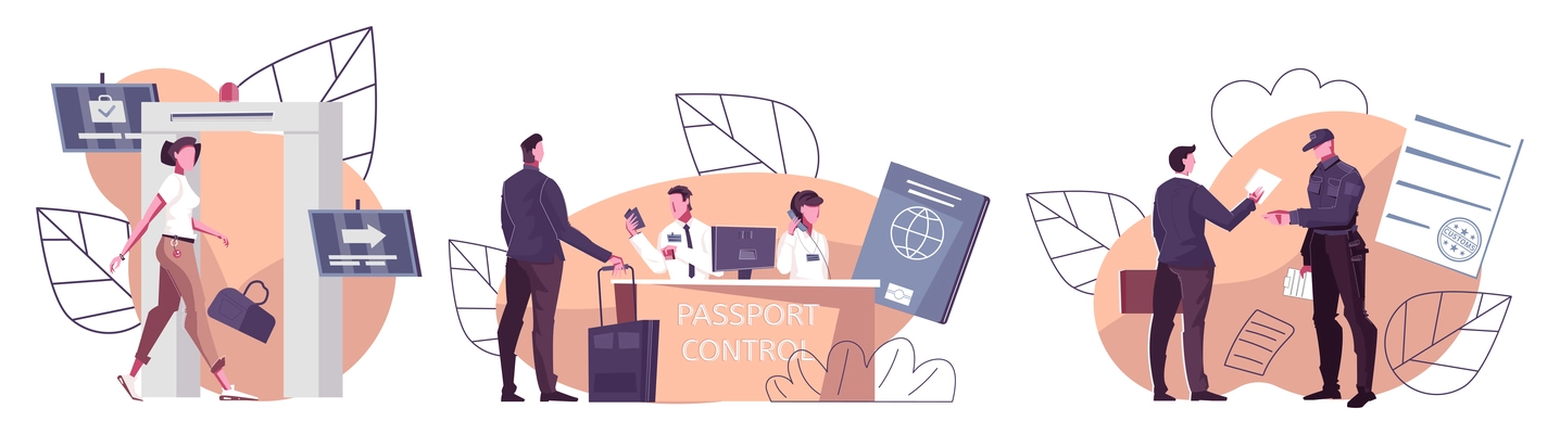 Customs control set with three flat compositions of passport control officers at desk passengers and checkpoint vector illustration