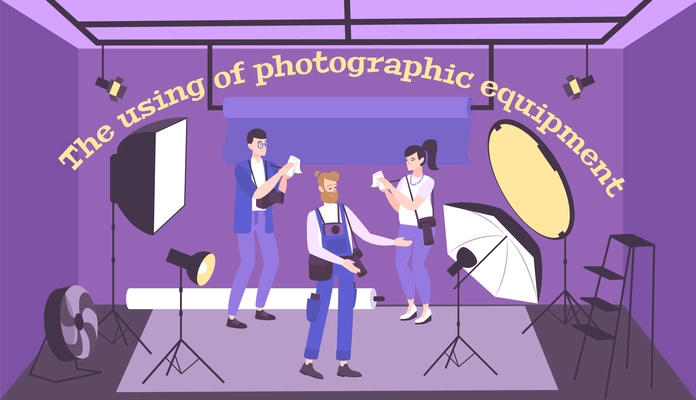 Photo equipment flat composition of text and photography studio indoor scenery with people and professional accessories vector illustration