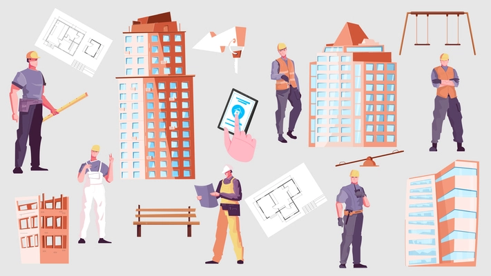 New buildings icon set with different workers layout apartments and modern buildings vector illustration