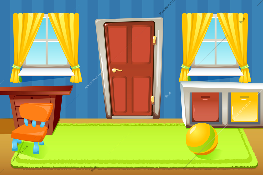 Cartoon doors composition with indoor house scenery with colourful pieces of furniture wall with windows curtains vector illustration