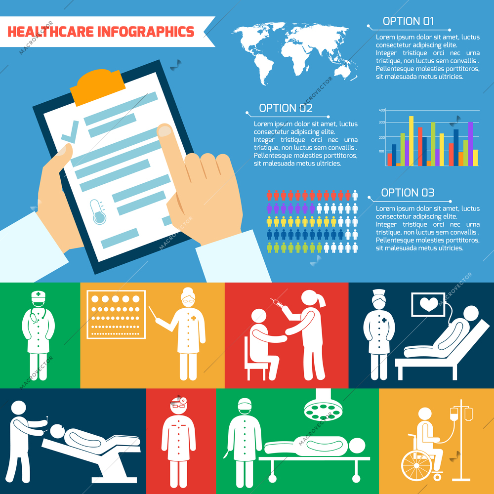 Medical healthcare infographic with vaccination delivery surgery symbols vector illustration