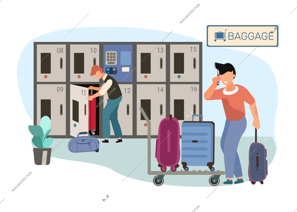 Luggage storage flat composition with view of railway station baggage room with safe lockers and people vector illustration