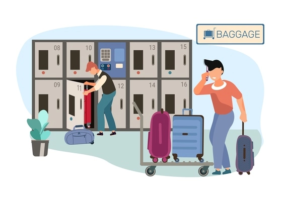 Luggage storage flat composition with view of railway station baggage room with safe lockers and people vector illustration