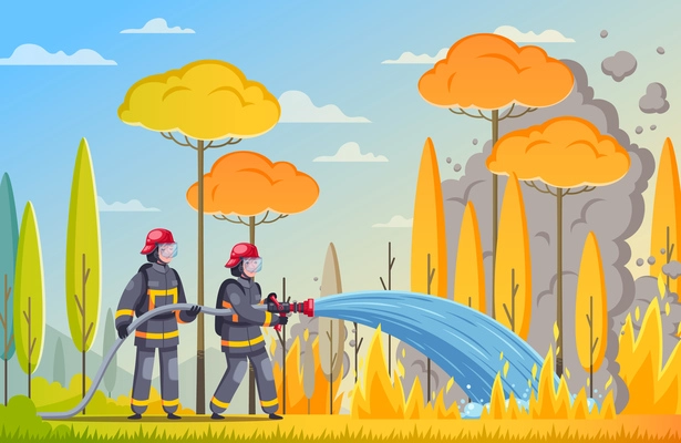 Firefighters cartoon composition with outdoor landscape and burning forest trees with firemen fighting fire with water vector illustration