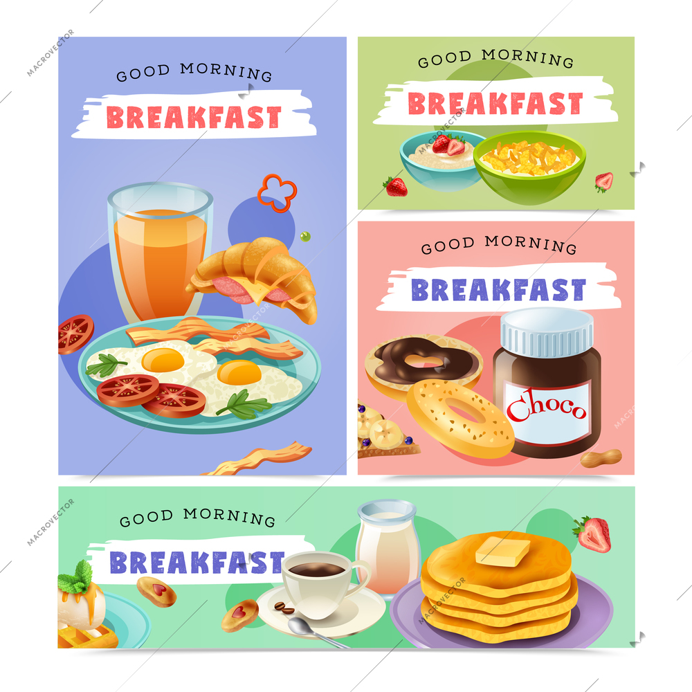 Good morning isolated banners set with healthy food collections of natural products used for breakfast vector illustration