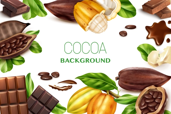 Cocoa white background with realistic frame of  fruits of chocolate tree and pieces of sweet treats vector illustration