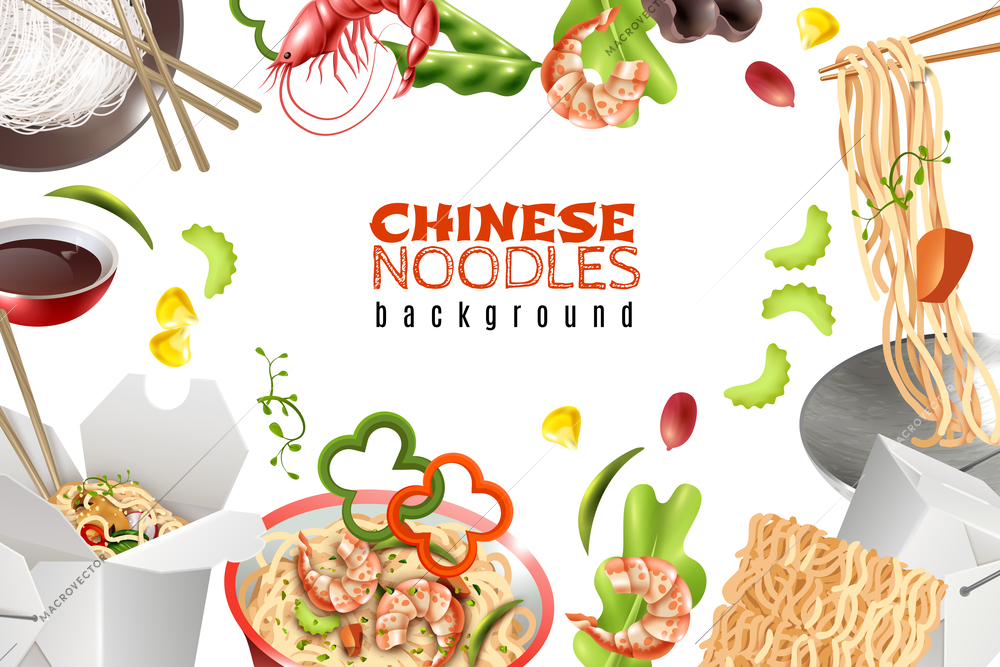 Chinese noodles dishes with shrimps paprika pea pods sauce realistic asian food white background frame vector illustration