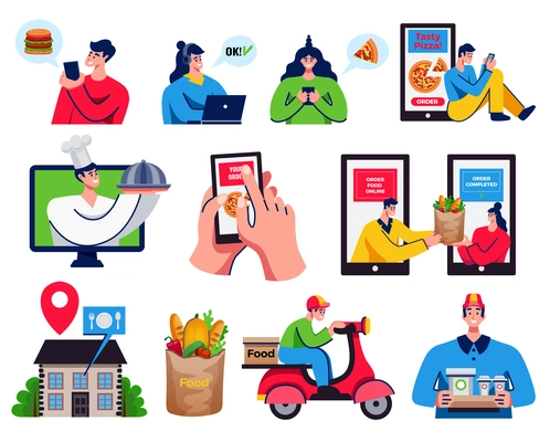 Food delivery colored icons set with people  ordering pizza with smartphone and courier  delivering food on motorcycle vector illustration