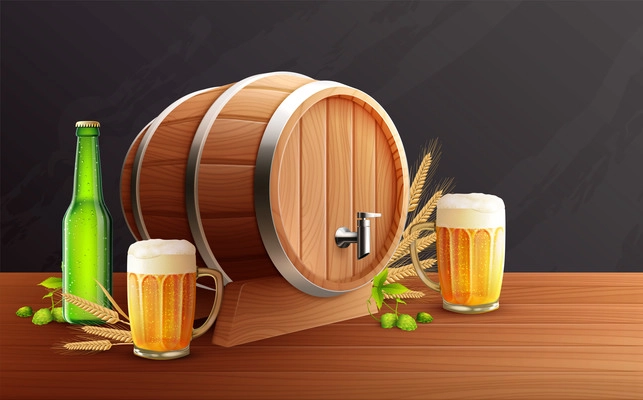 Beer wooden barrels realistic composition with wheat straw and fresh green leaves with bottle and glasses vector illustration