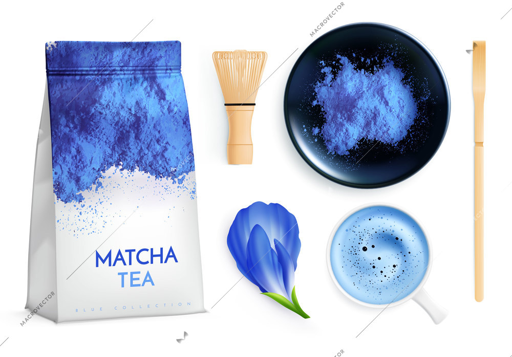 Blue matcha tea realistic set with isolated images of product package flower and cup with sticks vector illustration