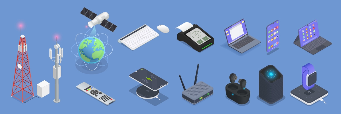 Colored wireless technologies isometric icon set with pos terminal connection smartphone router satellite and other elements of technology vector illustration