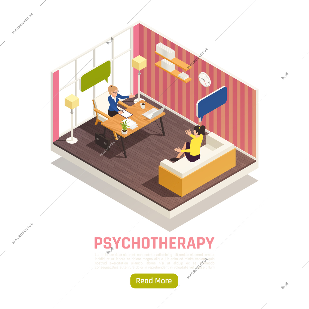 Individual counseling psychotherapy treatment isometric homepage design with psychologist works confidentially with young lady vector illustration