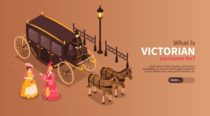 Victorian era horizontal banner with women dressed in 19th century clothes and carriage pulled by two horses isometric vector illustration