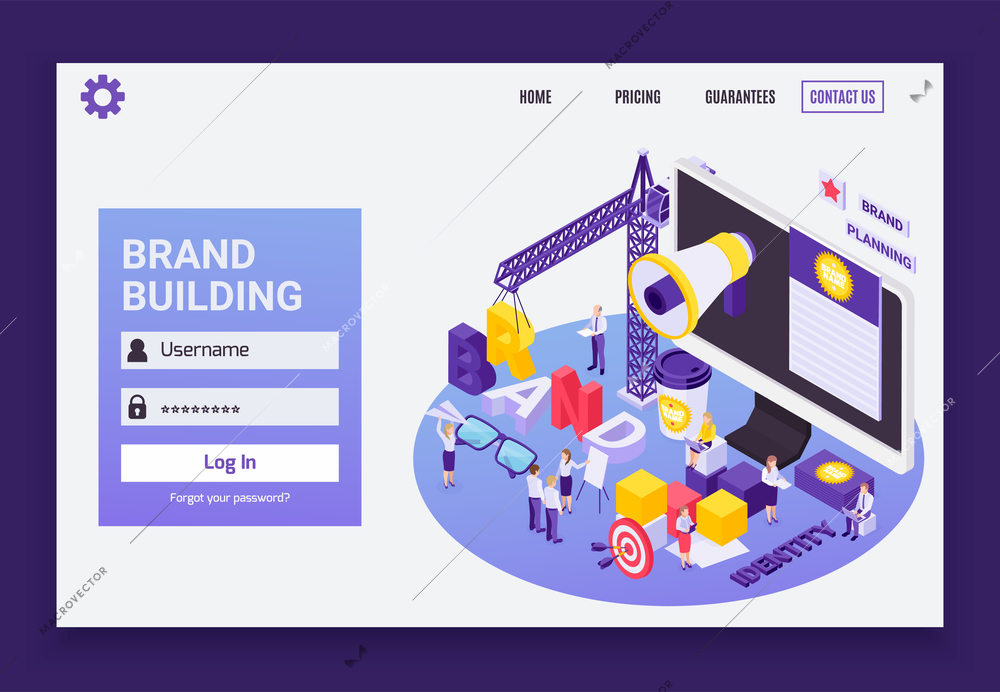 Marketing online brand building services concept isometric circular design with megaphone tower crane web page vector illustration