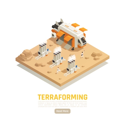 Space colonization terraforming isometric background with flying freight vehicle and power plants with people and text vector illustration