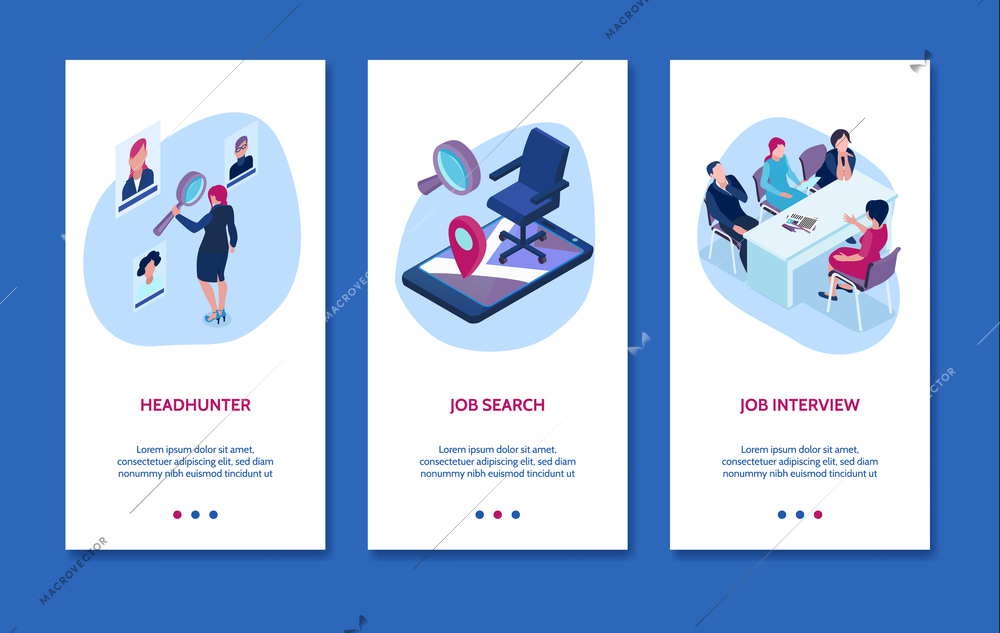 Isometric recruitment agency banner set with headhunter job search and job interview headlines vector illustration