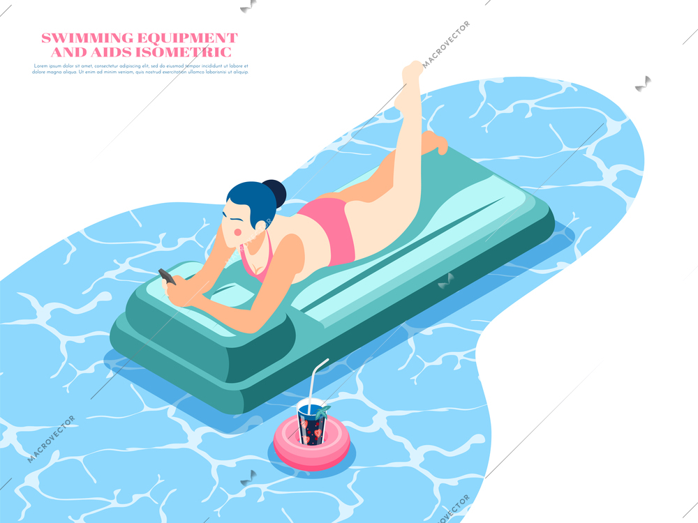 Swimming equipment isometric composition with woman lying on air bed in pool 3d vector illustration