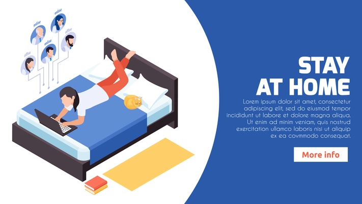 Stay home distant work isometric web banner with woman in bed managing remotely corporate network vector illustration