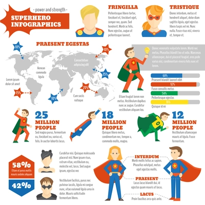 Super hero infographics with avatars in costumes and world map vector illustration